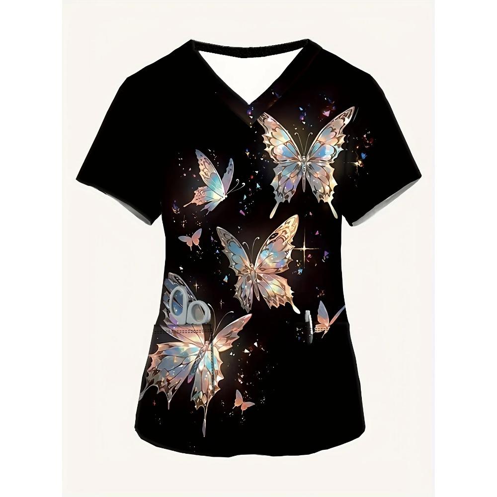Butterfly Pattern 3D Print Dual Pockets V-neck Top Comfortable  Functional Care Short Sleeve Uniform for Nurse Women's Clothing