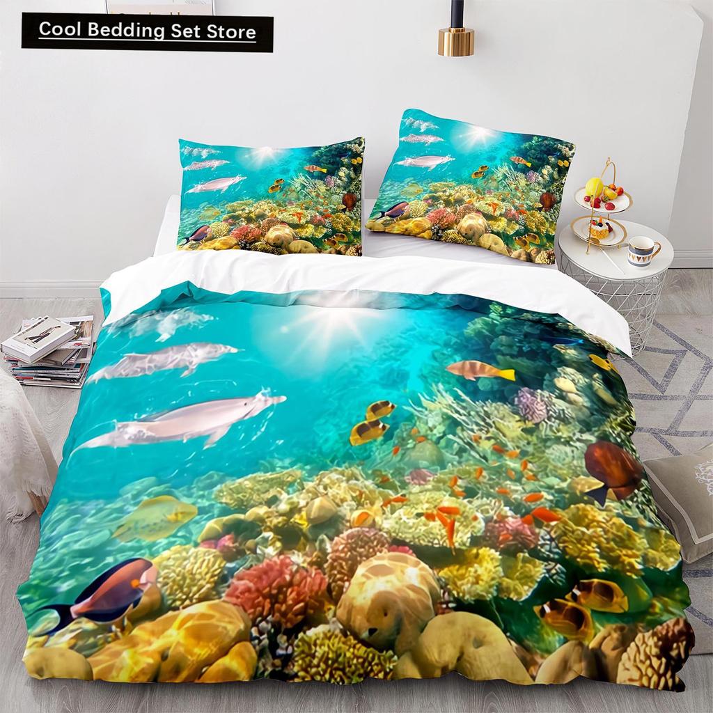 Underwater World King Queen Duvet Cover Cartoon Ocean Animal Bedding Set for Kids Fish Coral Sea Life Soft Polyester Quilt Cover