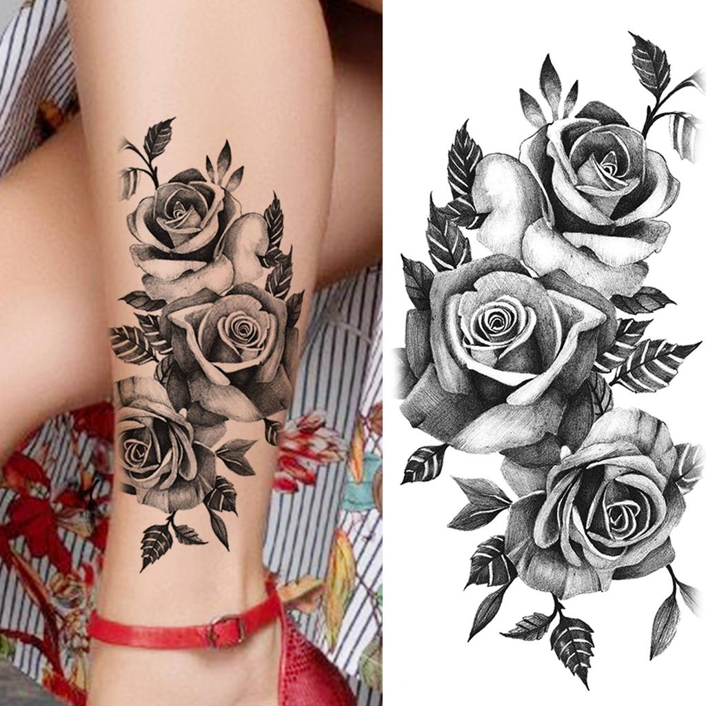 1 Sheet Black Flower Temporary Tattoos For Women Girls Realistic Fake Flora Floral Peony Tattoo Sticker Body Art Painting Decal