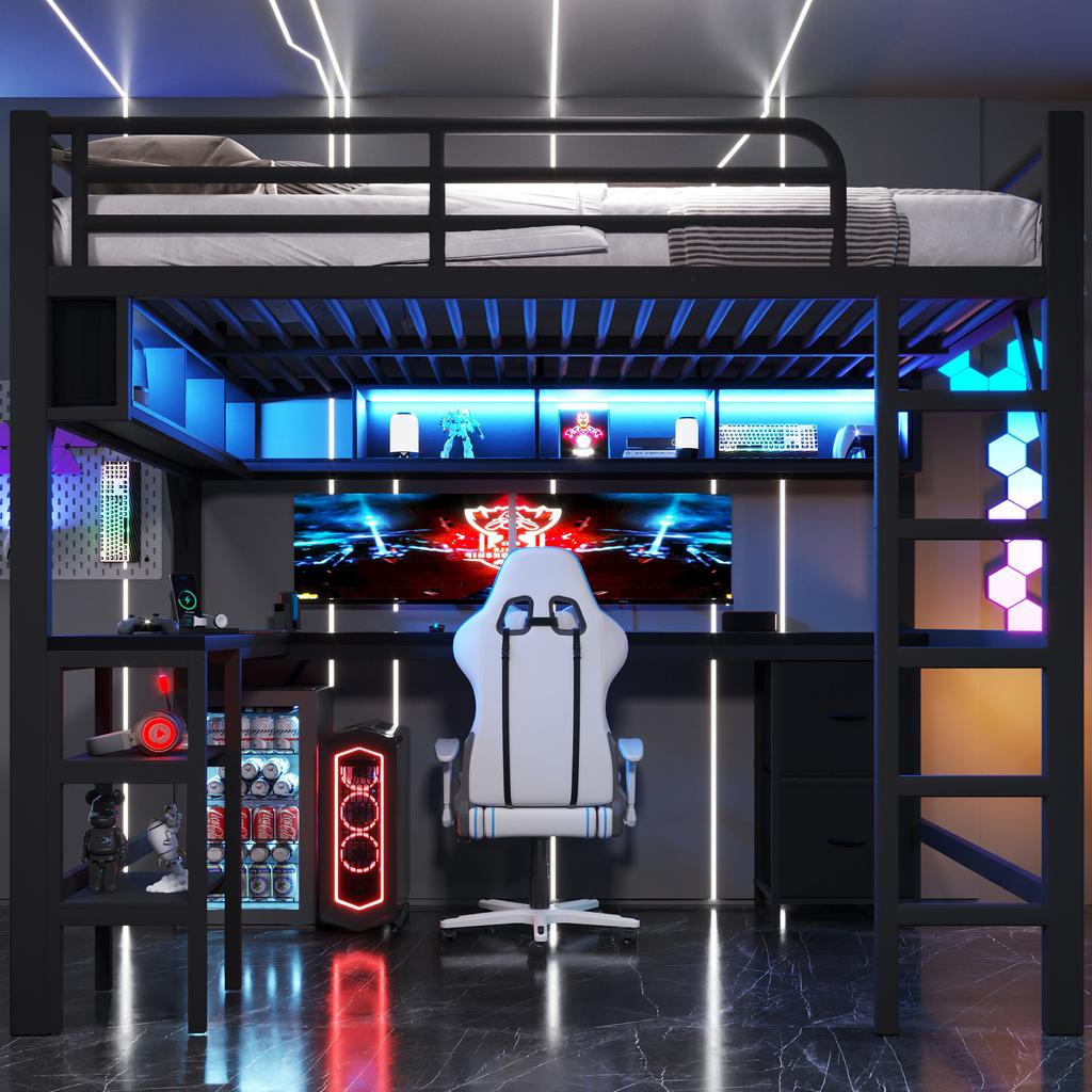 Metall-Hochbett für Gaming (140 x 200 cm) mit Bücherregal, Schreibtisch, Schrank, USB- und LED-Beleuchtung, schwarz
