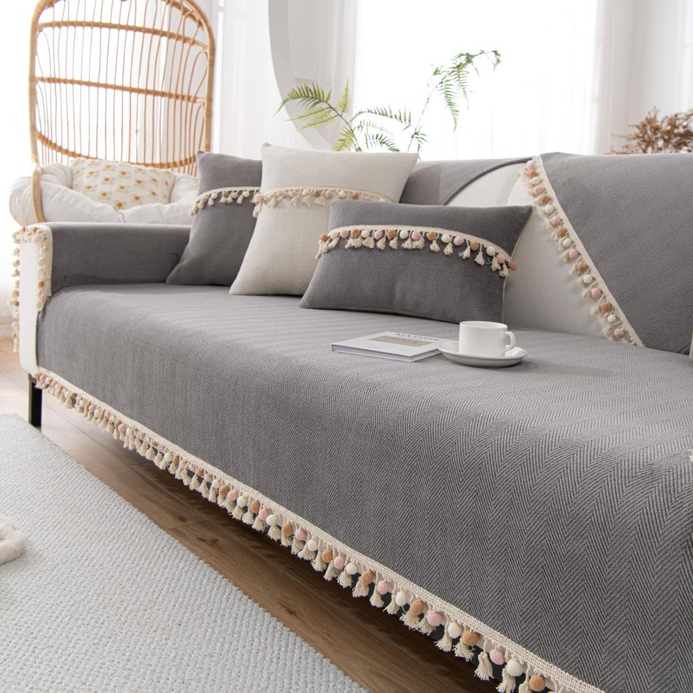 Pernă cu Ciucuri de Catifea Stil Cremă Pernă de Sofă Antiderapantă Husă de Sofă Universală pentru Patru Anotimpuri Pânză Simplă și Proaspătă pentru Husă de Sofă