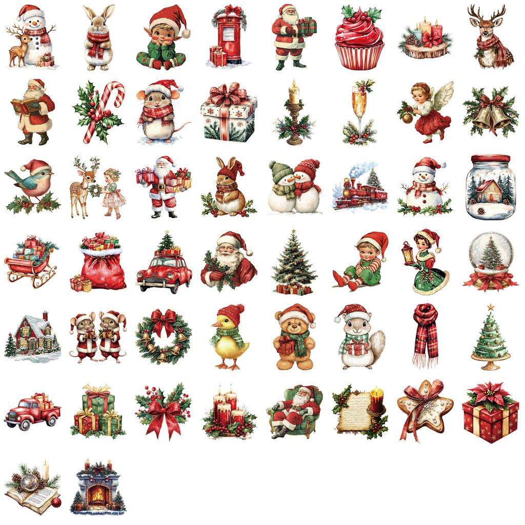 50 Pieces Transparent Cartoon Retro Christmas Sticker Pack - Waterproof Clear PET Decals for Journal, Guitar Notebook Decoration