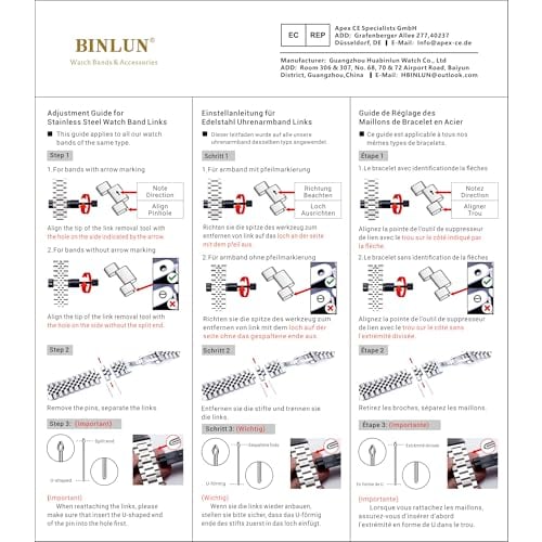 BINLUN Stainless Steel Watch Band, Metal Watch Strap, 18mm, 20mm, 22mm, 24mm, 26mm, Durable Replacement Smartwatch Strap, Unisex, Includes Adjustment