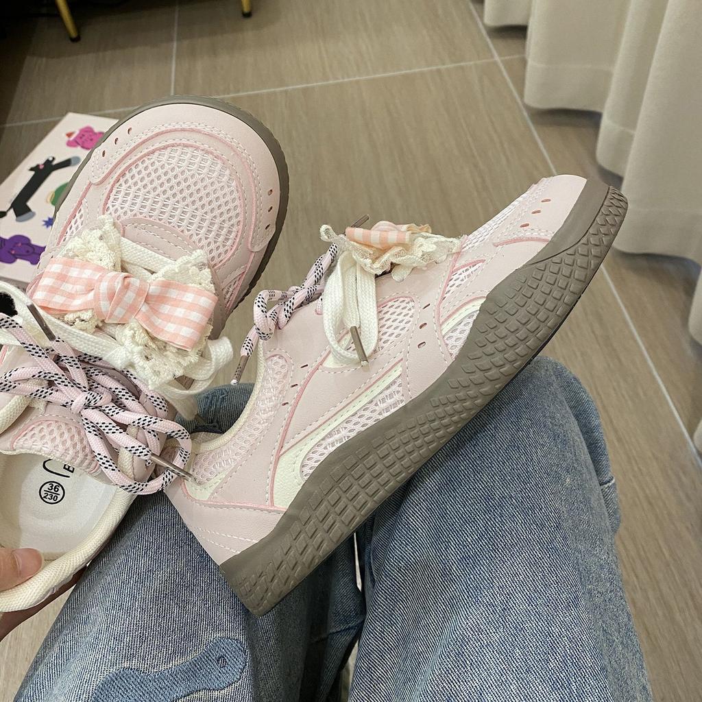 Pink double mesh shoes female ugly cute spring new niche low-top versatile sports little white shoes