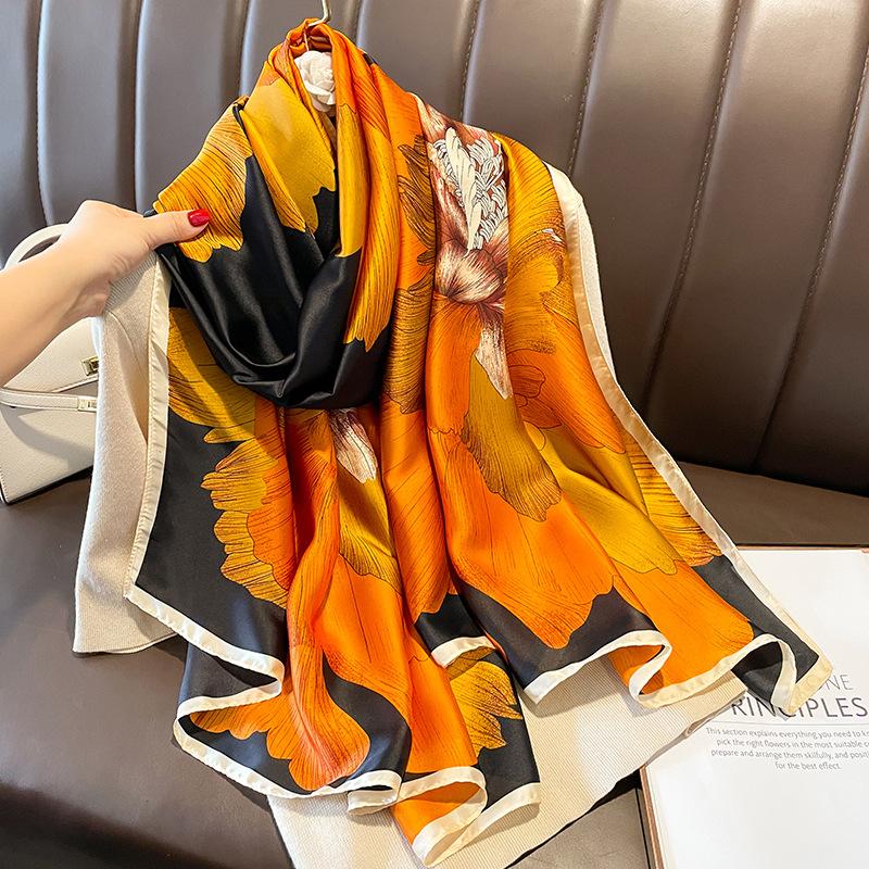 Silk Scarf Women's Print Korean Version Oversized Summer Sunscreen Beach Towel Women's Air Conditioner Shawl Scarf Spring and Autumn Yarn Scarf