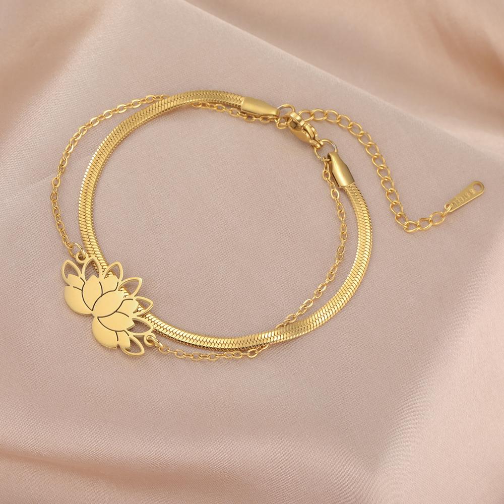 Bracelet Fleur de Lotus Dawapara Charme Lotus Bonne Fortune Bracelet Femme Cadeaux Amoureux Méditation Yoga Bijoux Couple Acier Inoxydable