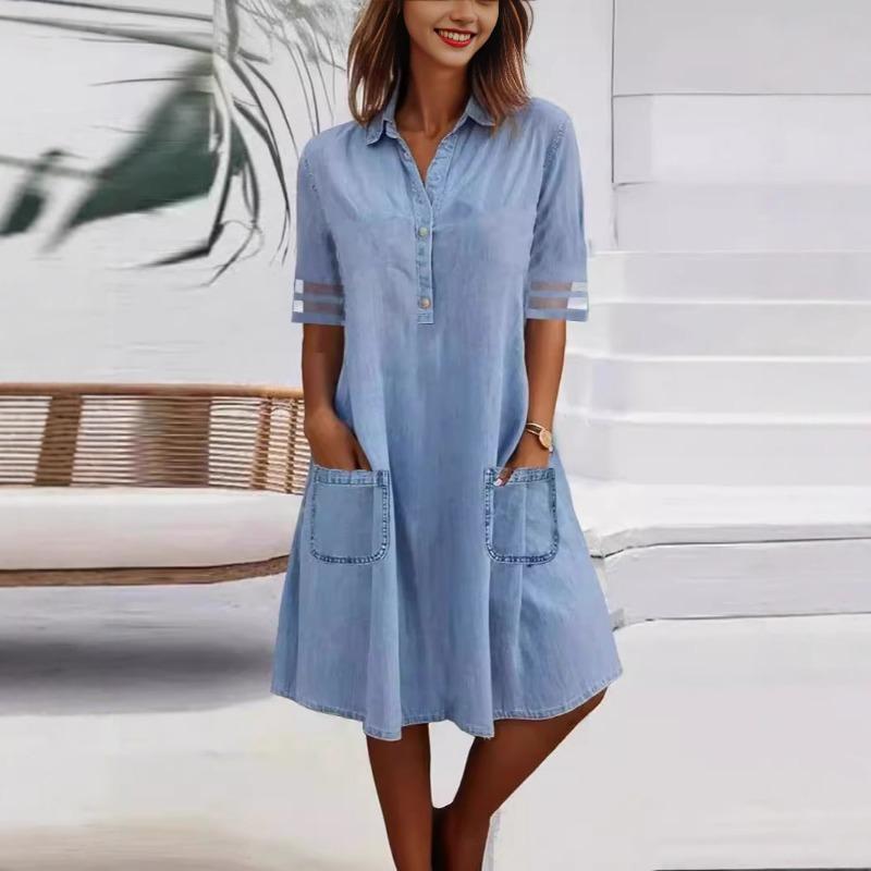 Mesh Patchwork Solid Color Denim Short Sleeved Dress