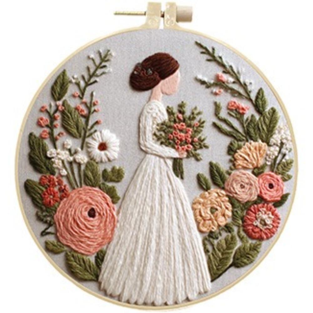 1set Wedding Girl Series Hand Embroidery Material Kit, Cross Stitch Beginner Easy Tutorial and Tools, Handmade Fabric Material Kit