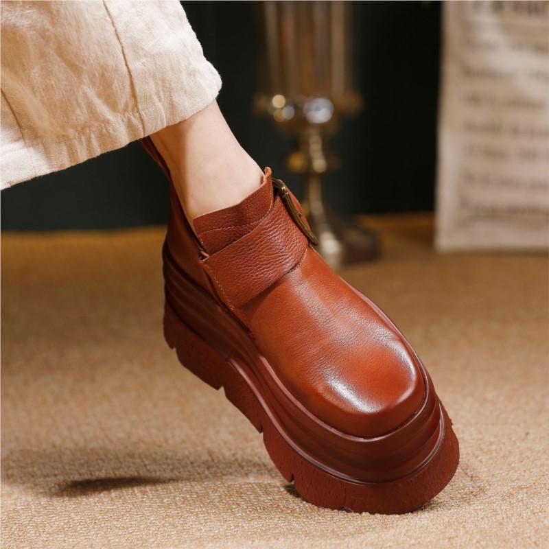 Johnature Platform Shoes Vintage Genuine Leather High Heels Women's Shoes Lightweight Height Increasing Shoes
