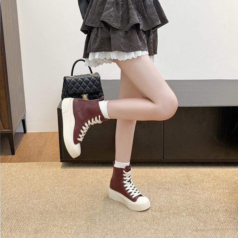Sheepskin Version~ Thick Sole Design Sense Simple Invisible Height Increase Casual Shoes Women's New Lace-up Round Head High-top Shoes
