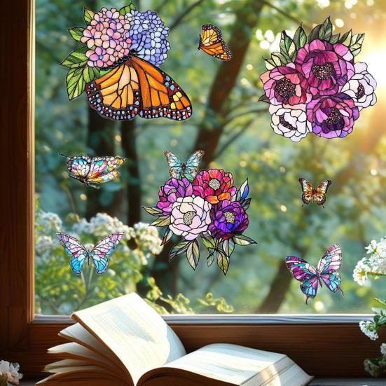 Naklejka na okno z motywem kwiatów i motyli, dwustronna, usuwalna, wodoodporna, z PCV, statyczna naklejka na szkło z motywem kwiatowym, dekoracja do domu, biura, naklejka