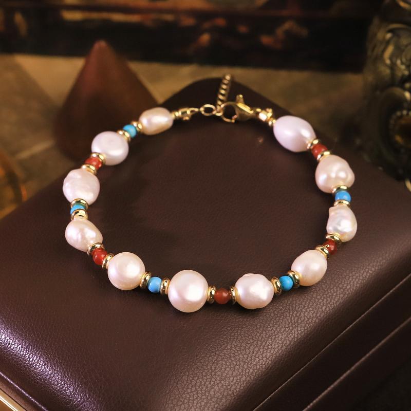 Natural Freshwater Pearl Turquoise Agate Beaded Bracelet for Women Daily Office Banquet Vintage Pearl Bracelet Bohemian Jewelry