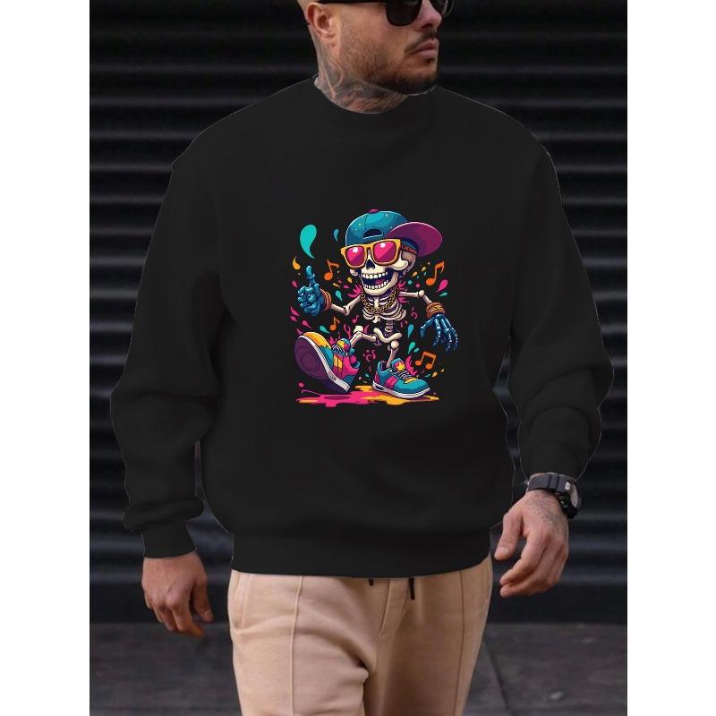 Round Neck Streetwear Sweater for Men, Machine Washable Urban Fashion Statement Ideal for Concerts & Casual Attire, Featuring a Skeleton Character In