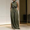 Women's Faux Linen Summer 2 Piece Outfit Sleeveless Stand Collar Top And Wide Leg Pants Matching Lounge Set with Pockets