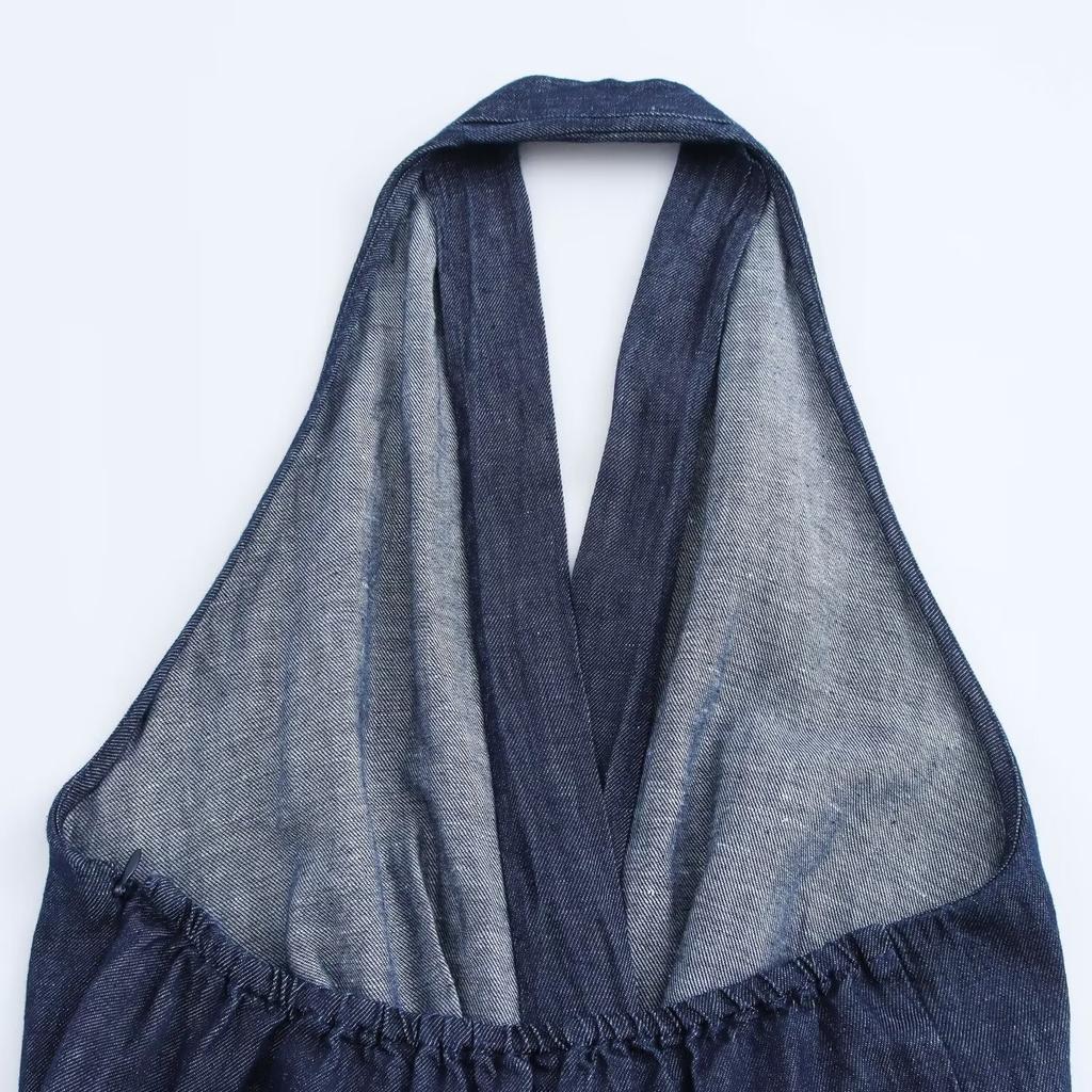 Women's Fashion New Arrival: European and American Tie-up Denim Halter Collar Backless Midi Dress