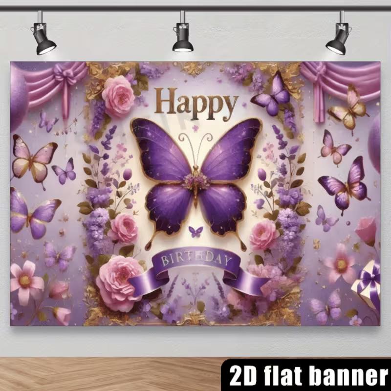 2D Elegant Purple Butterfly Floral Birthday Backdrop for Photoshoot