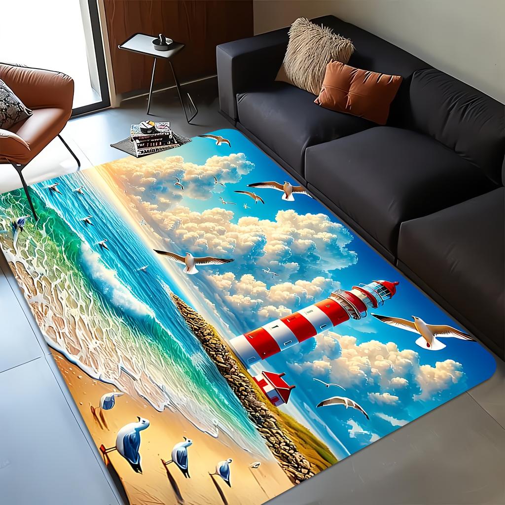 Vintage Ocean Seascape Door Mat, Retro Lighthouse & Seagull Pattern Rug, Non-Slip Washable Decor Carpet for Living Room Bedroom