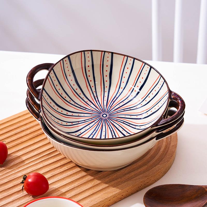 9.5Inch Japanese Household Noodle Bowl Ceramic Soup Bowl with Handle Salad Pasta Bowl Kitchen Tableware Microwave Oven Bakware