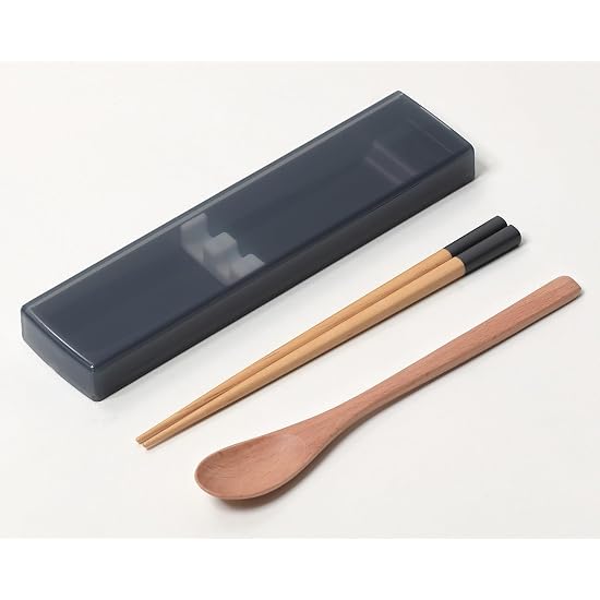 ansio Quiet Antibacterial Chopsticks and Spoon 18cm Set with Sliding Case, Natural Wood, Black, Dish