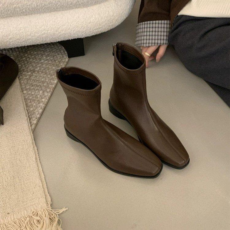Coarse heel versatile square head rear zipper small ankle boots autumn and winter thin boots women's single boots short boots new retro