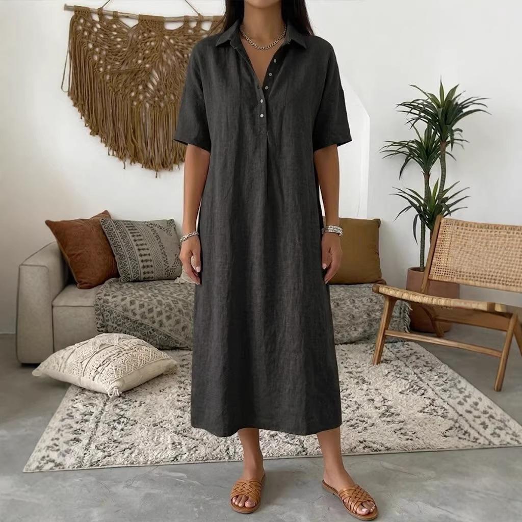 Light Blue Short Sleeve Long Shirt Dress with Buttoned Collar S чёрный