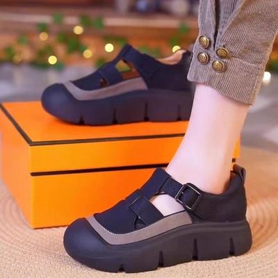Leer dikke zool tas hoofd sandalen hol ademend enkele schoenen dames zomer nieuw zachte zool zachte zool comfortabele gaten schoenen