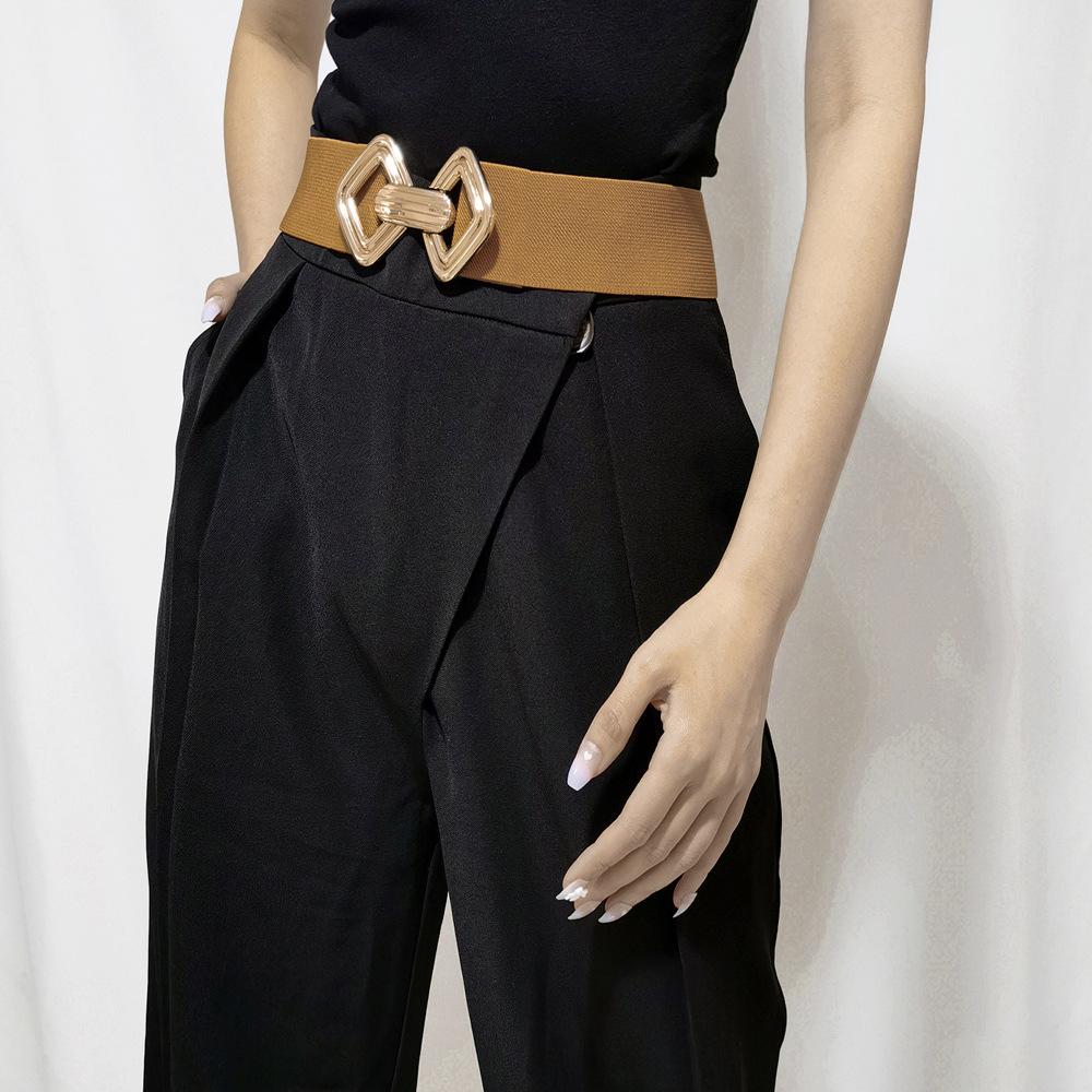 Curea elastică lată pentru femei, talie vintage elastică, cu cataramă retro aurie pentru rochii