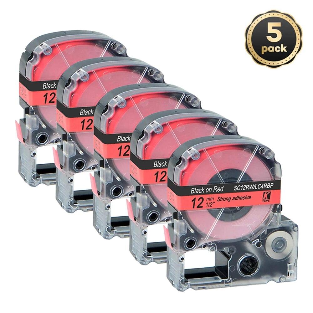 5 pachete 12 mm negru pe alb etichetă compatibilă Epson LC-4WBN / SS12KW SC12RW SC12YW ST12KW pentru imprimanta Epson LW300 LW400 500 600