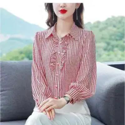 Camisa de Chiffon Feminina Nova Moda Listrada com Gola Polo Botões Solta Manga Longa