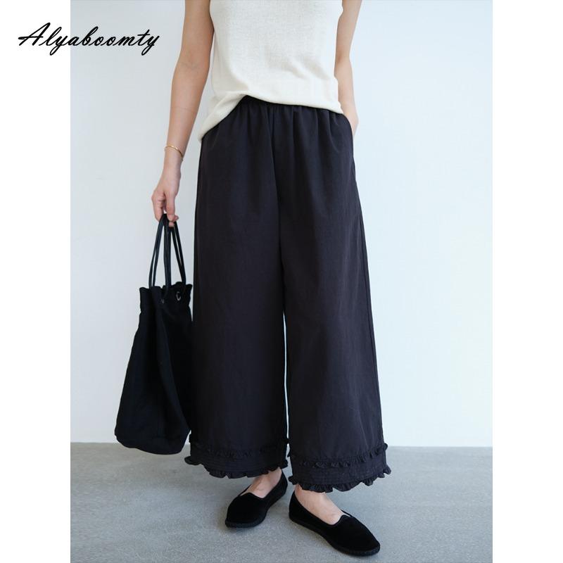 

Корейская мода весна-лето женские широкие брюки с высокой талией черные белые базовые хлопковые капри повседневные свободные брюки с оборками 2XL чёрный