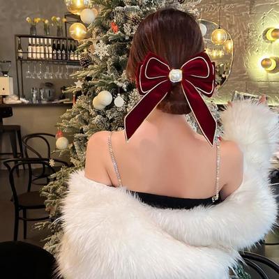 Rhinestone Red Velvet Bow Hair Clip Cloth New Year Hairpin Bowknot Spring Clip  New Year Headwear