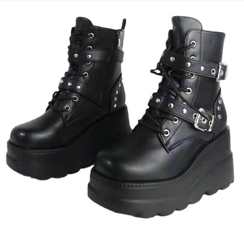 Fashion Women Leather Ankle Boots Motorcycle Comfortable Platform Gothic Shoes for Woman 2025 New Winter Round Toe Lace Up Boots Woman