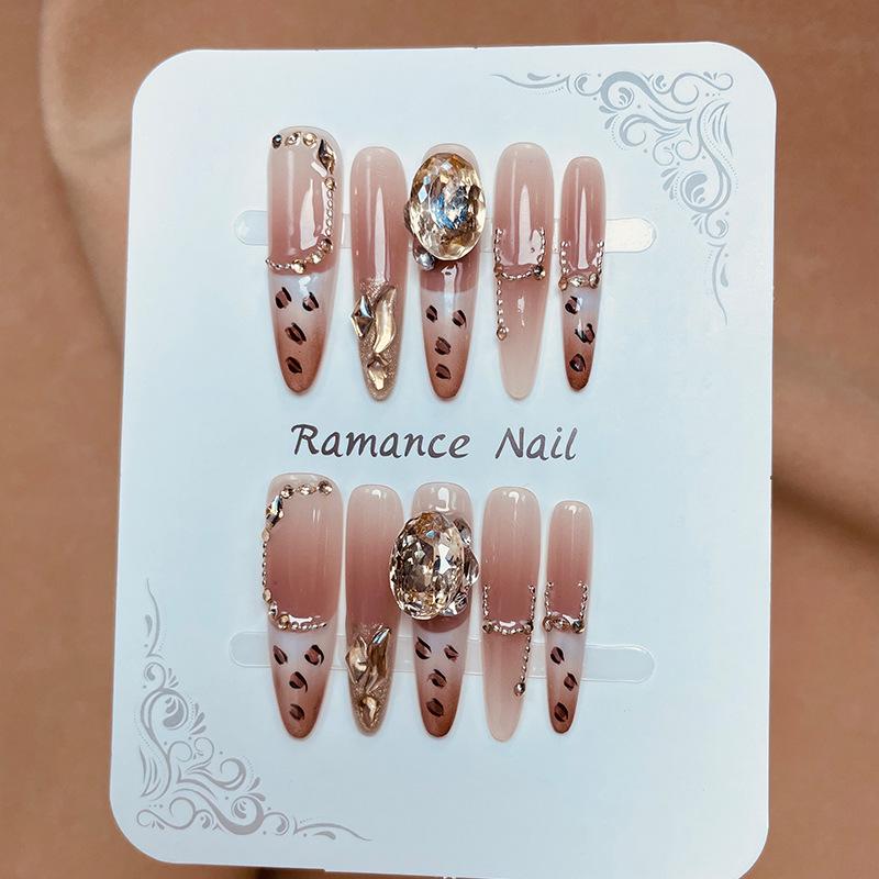 Handmade Leopard Print French Tip Oval Nails with Champagne Sparkle Extra Small