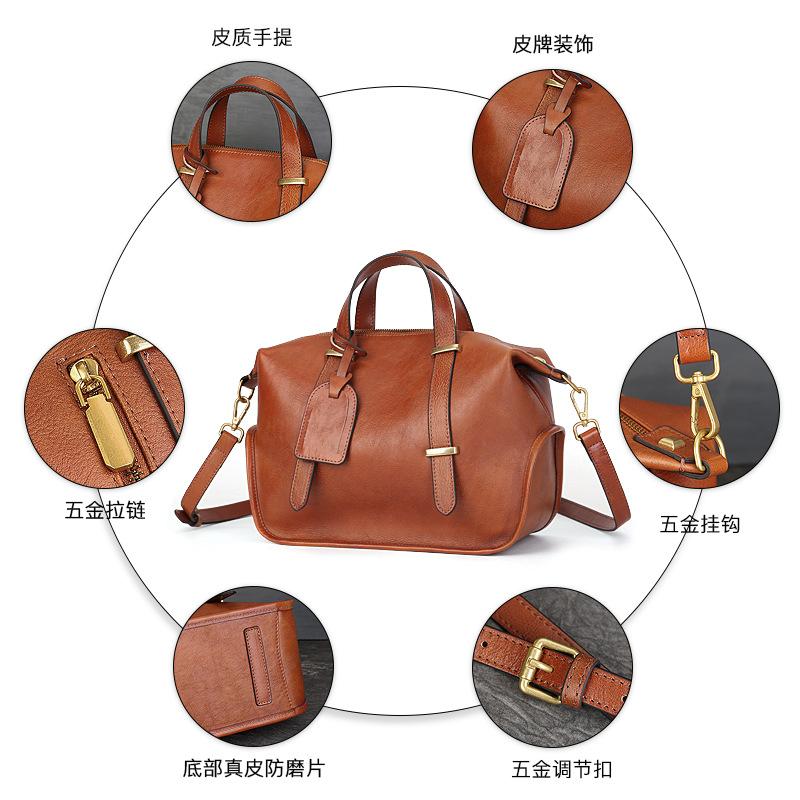 2026 Retro Solid Color Genuine Leather Handbag, Large Capacity, Design Boston Bag, Crossbody Women Designer Luxury Bag
