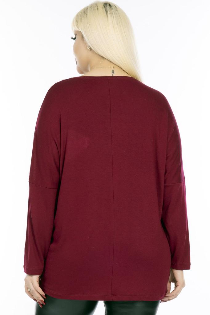 Damen-Bluse in großen Größen, V-Ausschnitt, Tasche und Ärmel, Mesh-Detail, Steinstickerei, lange Ärmel, bequeme und fließende, flexible Bluse