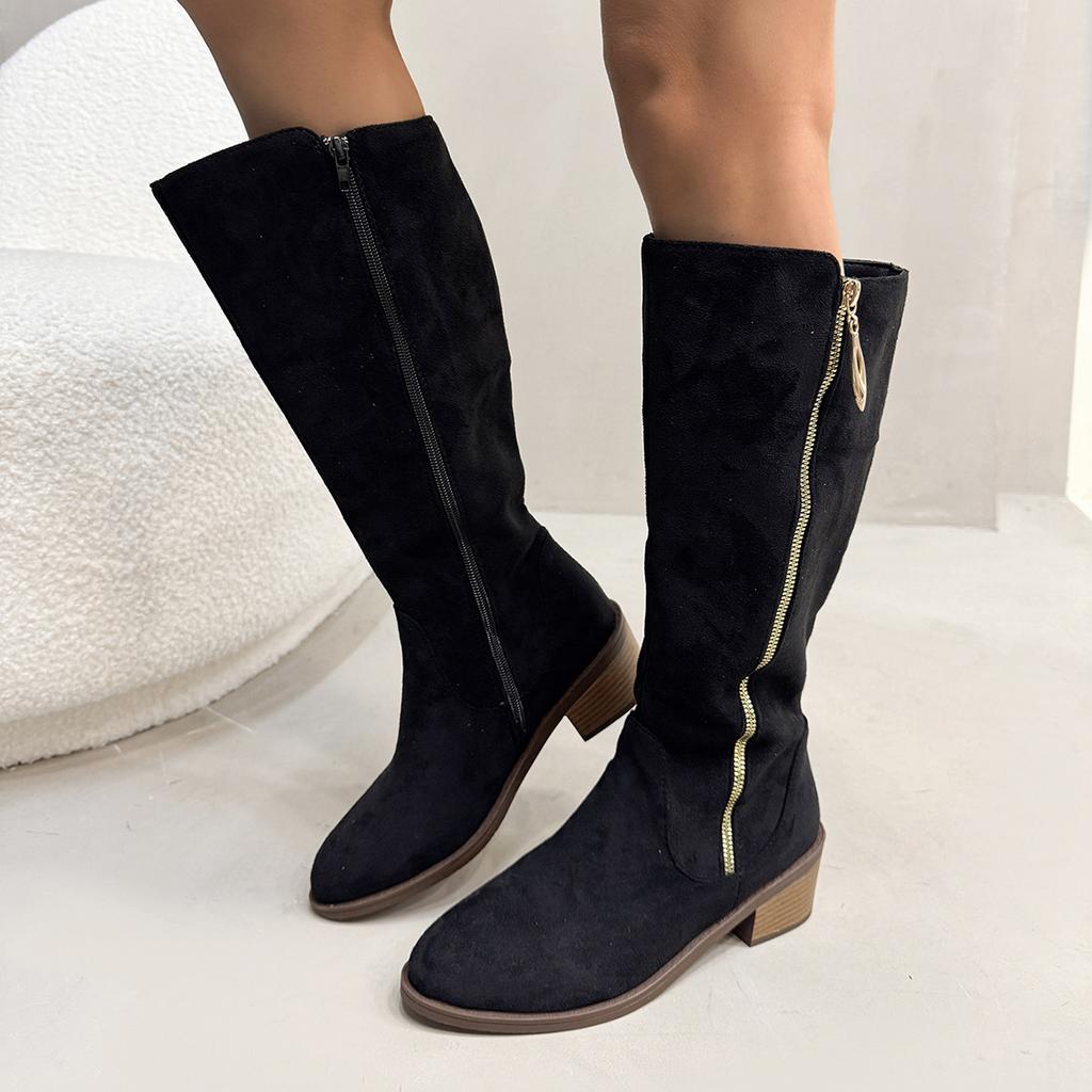 Women's Chunky Single Boots Spring New Round Head Suede Side Zipper Soft Sole Anti-slip Wear-resistant High Boots