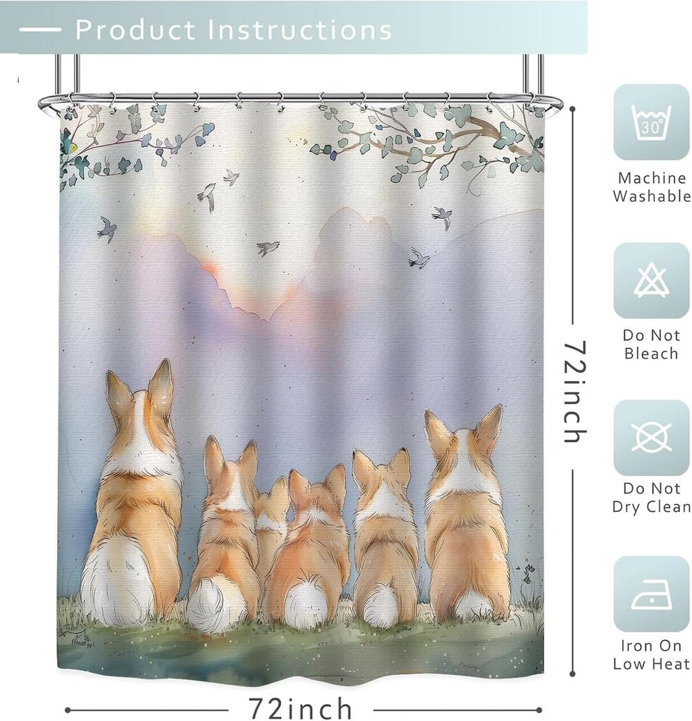 Cute Corgi Dog Shower Curtain-Nature Scene Bathroom Decor with 12 Hooks - Adorable Pet Animal Waterproof Curtains - Farmhouse