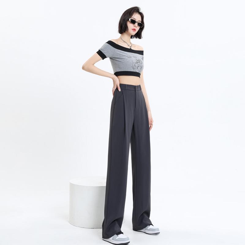 Women's Gray High-Waist Wide-Leg Pants: Spring/Autumn Slimming, Elegant Drape, Floor-Length, Straight-Leg