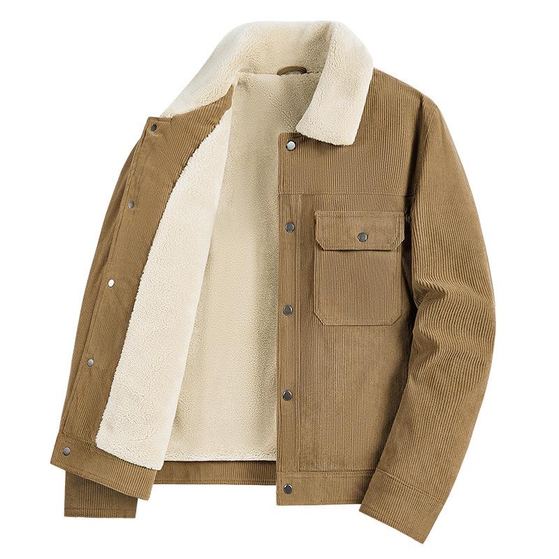 Men's Velvet-Lined Corduroy Jacket, Warm Lapel Cotton Coat for Autumn/Winter, Trendy 1925 Style