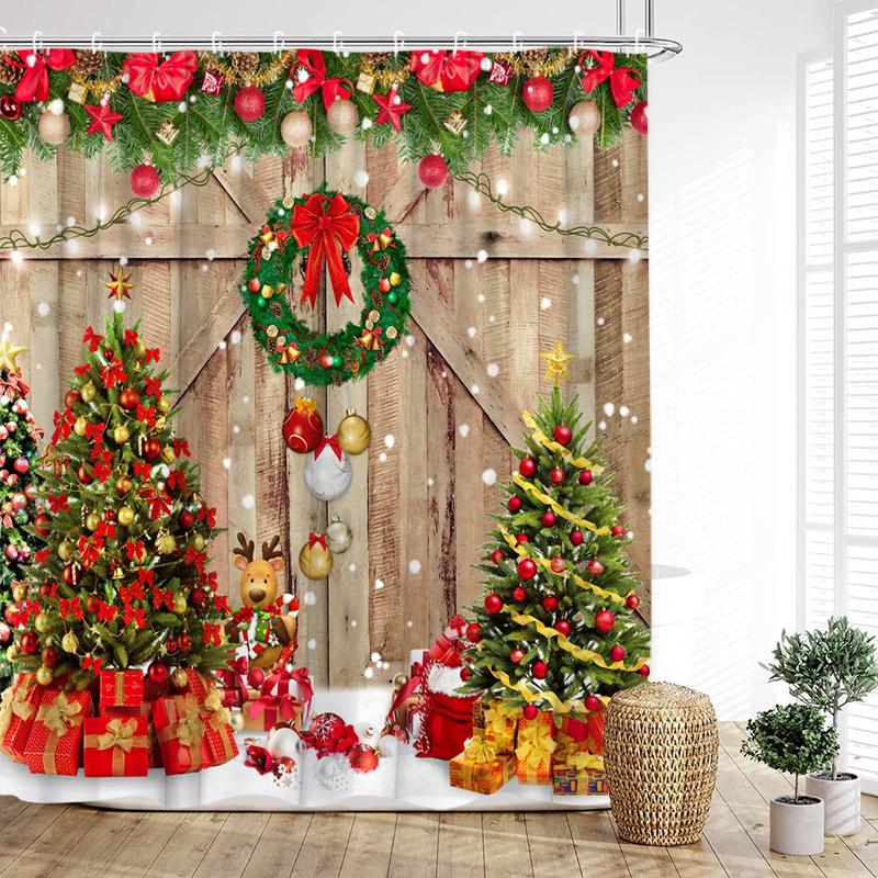 Funny Red Santa Claus Shower Curtain Gold Xmas Balls Gifts White Snowflakes Winter Christmas Bath Curtains Home Bathroom Decor