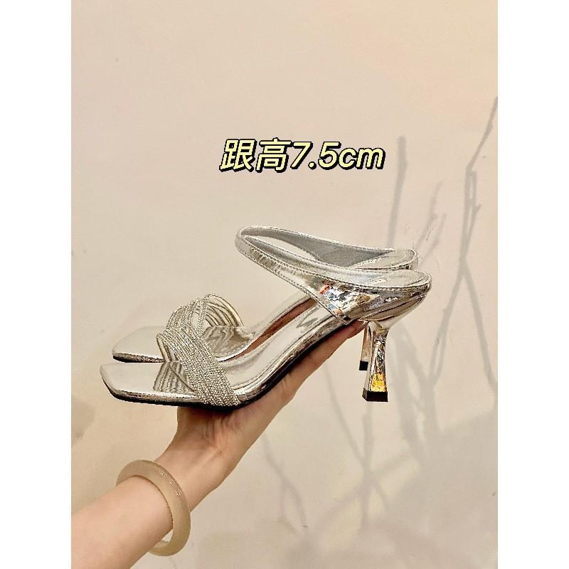 Inadvertent Beauty! Temperament Square Head Rhinestone Word with Thin Heel Sandals Women's Summer Open-toed High-heeled Sandals