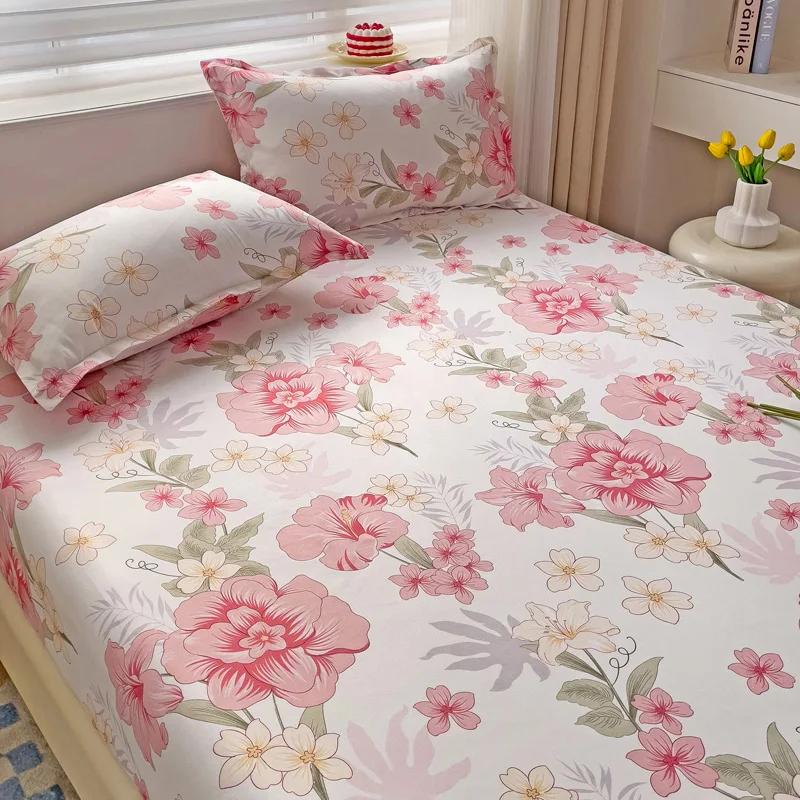 Pink Blooming Flowers Pattern Fitted Sheet Set 3Pcs Romantic Skin Friendly Comfortable Soft Mattress Cover with Elastic Band