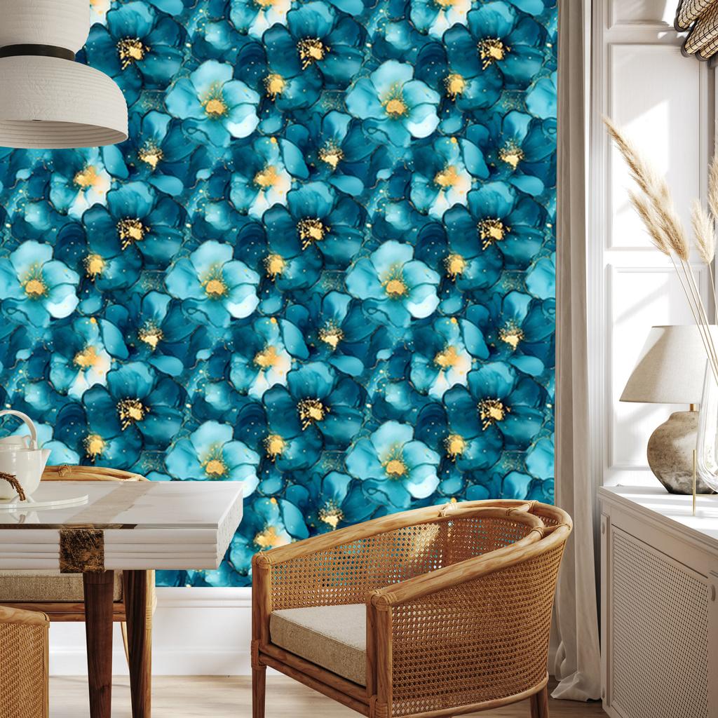 Ink Wallpaper Turquoise, Celadon and Navy Blue for Living Room and Bedroom 50x1000