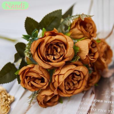 Vintage 8 Teste Fiori Artificiali Seta Peonia Rosa Dorata Ornamento Fiori Finti Matrimonio Tavolo Festa Bouquet Fai da Te Decorazione Casa