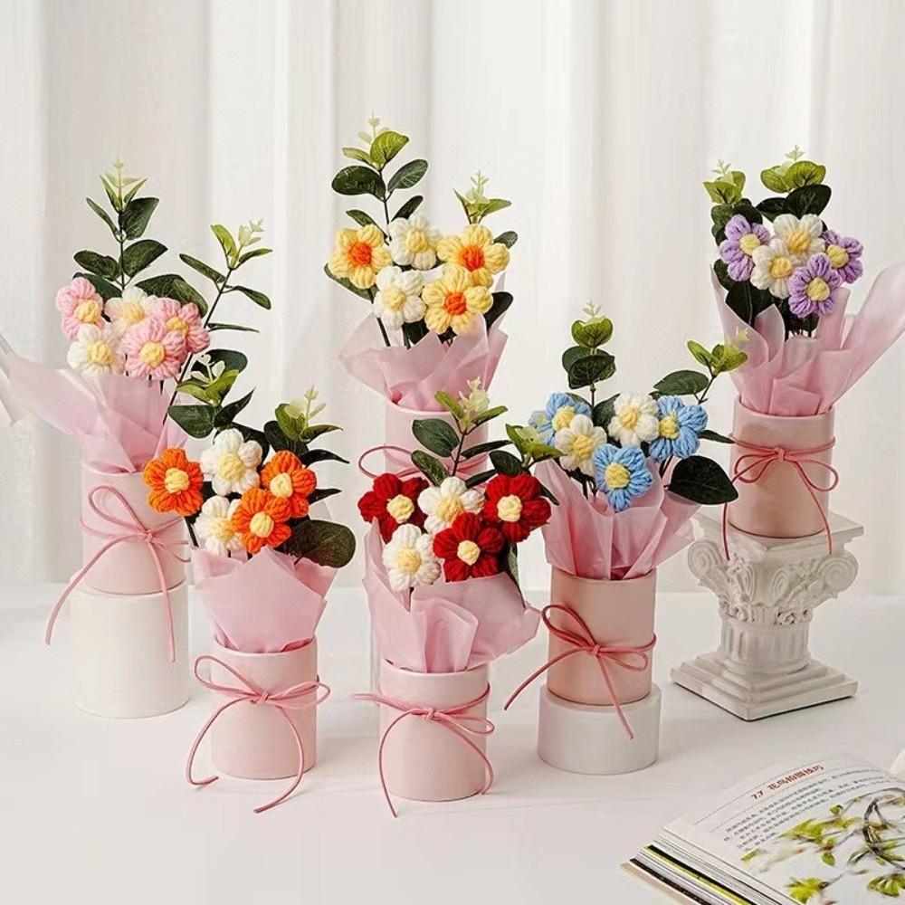 Puff Flower Crochet Bouquet Handmade Desk Decoration Artificial Flower Bouquet Eternal Flower Crochet Yarn Bouquet