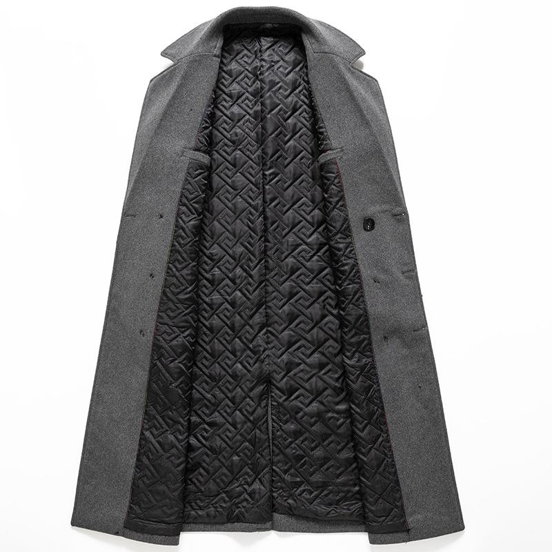 Men Double Breasted Woolen Coat Long Over Knee Notched Lapel Thick Padded Liner Trench Coat Business Casual Winter Warm Solid Color Outerwear