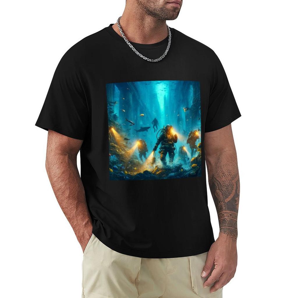 Scuba Divers Exploring Post Apocalyptical Underwater Cityscape Tshirt T Shirts For Unisex Graphic Vintage Tshirt