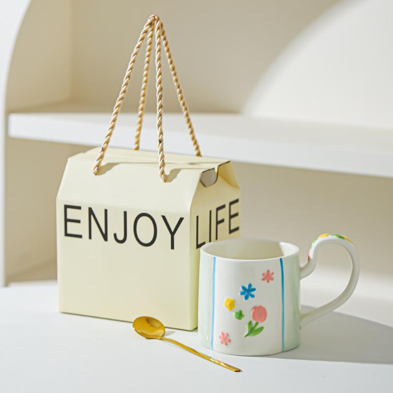 Ceramic Flower Mug Household High-value Women's Hand Cup Breakfast Cup Girl Heart Milk Cup Water Cup Underglaze Color