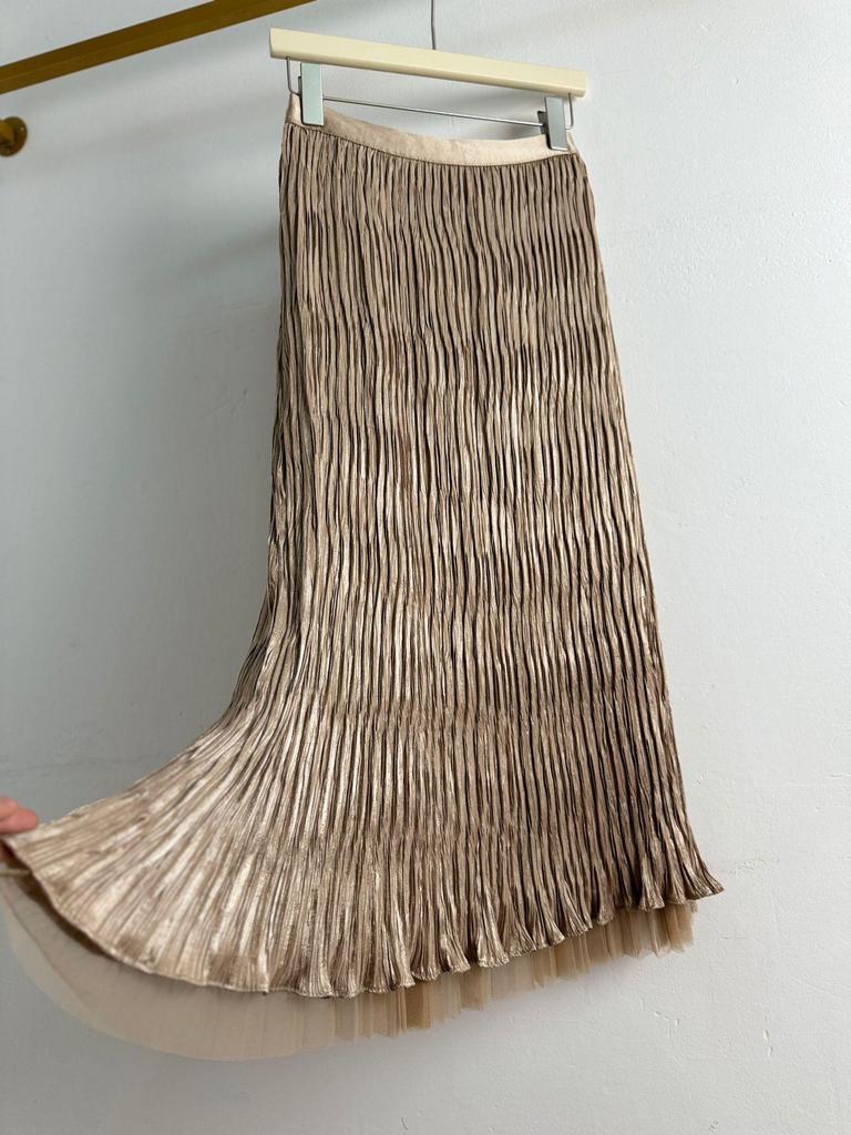 Reversible Crushed Pleated Midi A-Line Skirt with High-End European & American Style