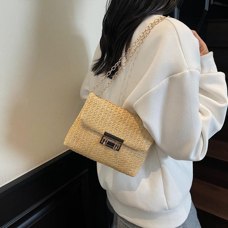 Buckle Closure Chain Crossbody Shoulder Bag Sweet Raffia Woven Women Sling Bag Solid Color Lightweight Beach Travel Purse
